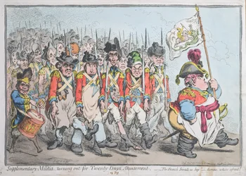 Supplementaire militie die twintig dagen amusement uitzet, of De Fransen vallen ons binnen, hay damme, wie is bang gepubliceerd door Hannah Humphrey in 1796